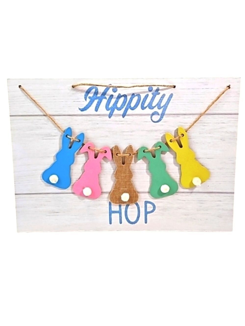 Hand Crafted Easter wall decor hippity hop 5bunnies pastel colors & blue glitter